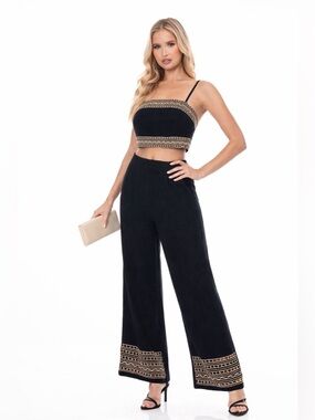 Midnight Escape Embroidered Crop Top & Wide Leg Pants Set